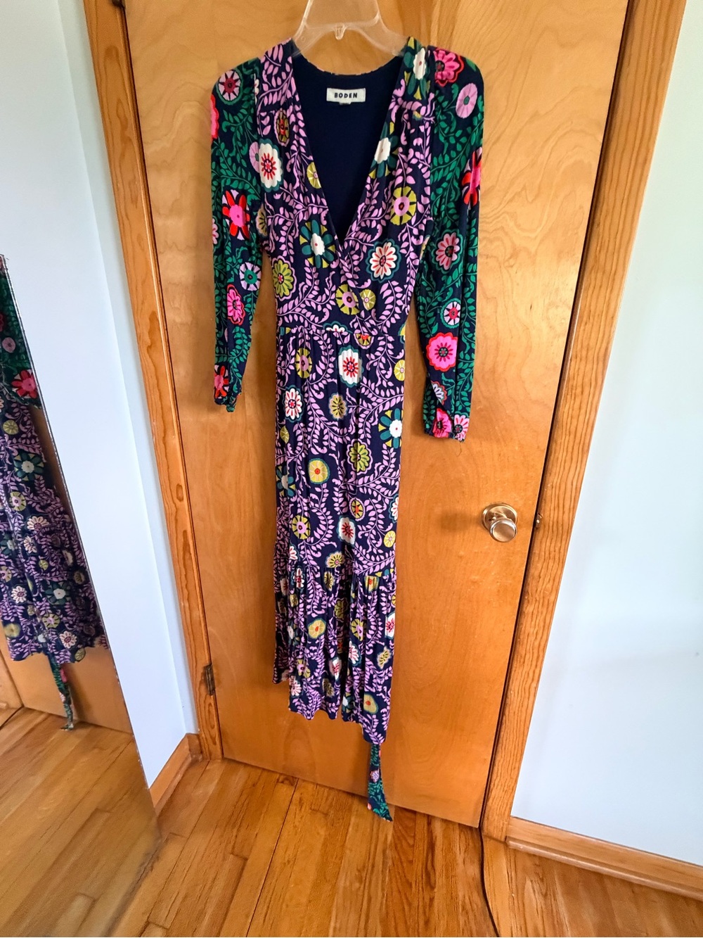 Boden Navy Floral Wrap Maxi Dress with Pink & Green Accents